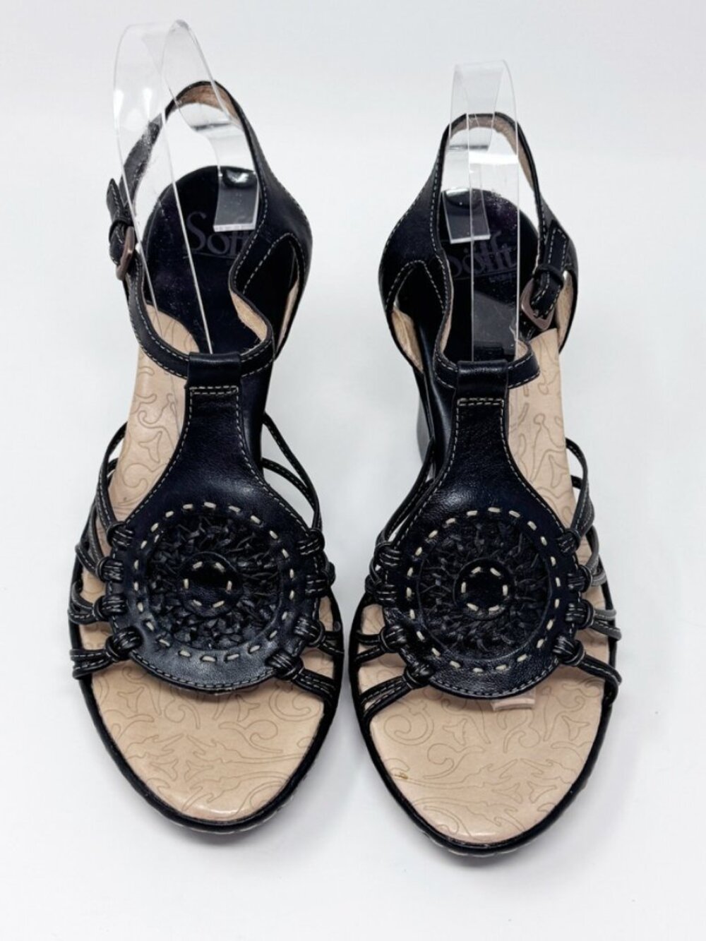 Sofft Womens Black Leather Geometric Medallion T-Strap Wedge Sandal  Size 9 NEW